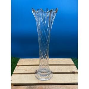 Vintage Clear Glass Swirl Bud Vase -10" Ribbed Fluted Top Decorative Floral Vase